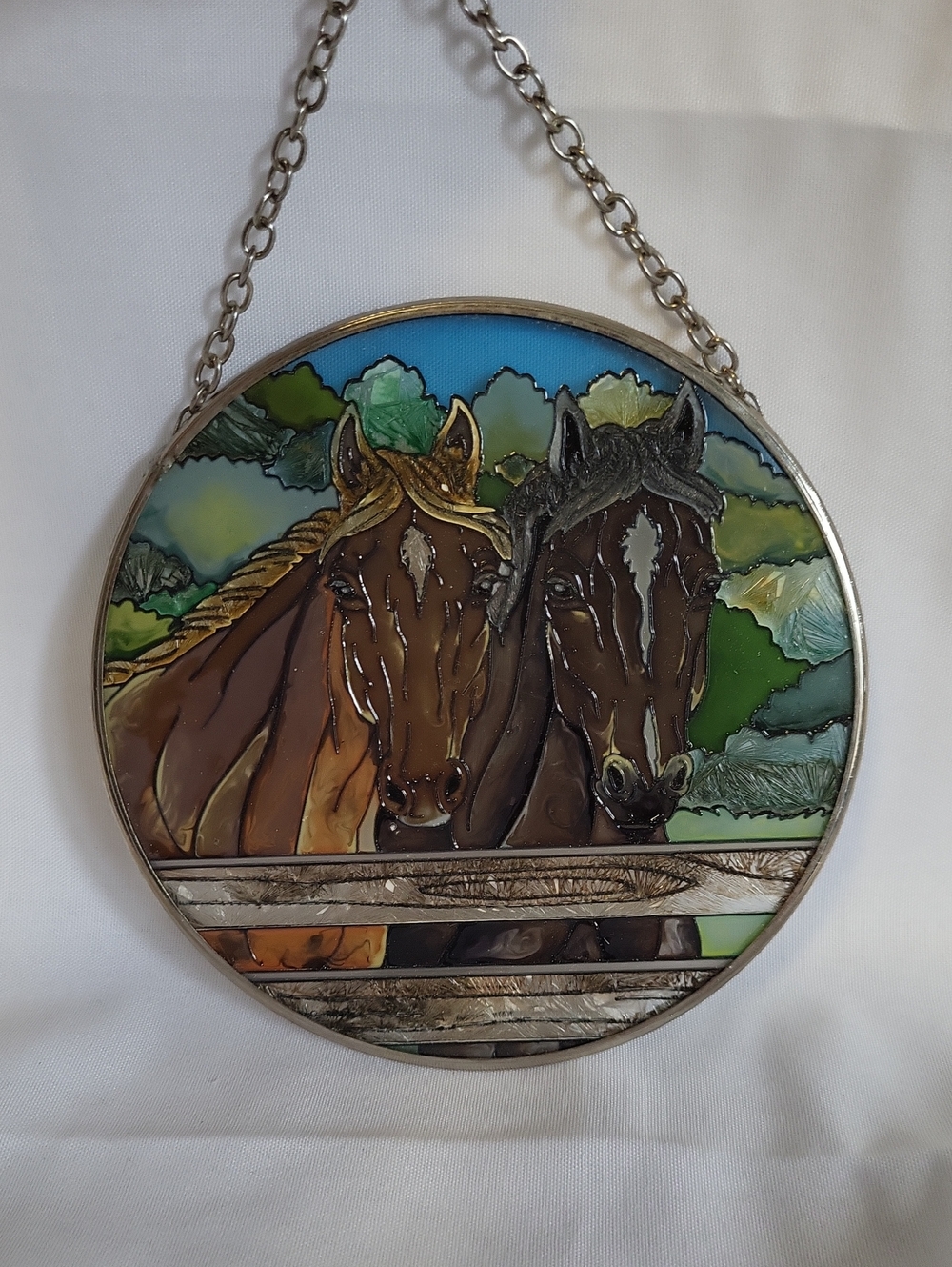 Vintage AMIA Studios Hand-Painted Glass Horse Suncatcher Window Hanging Equine